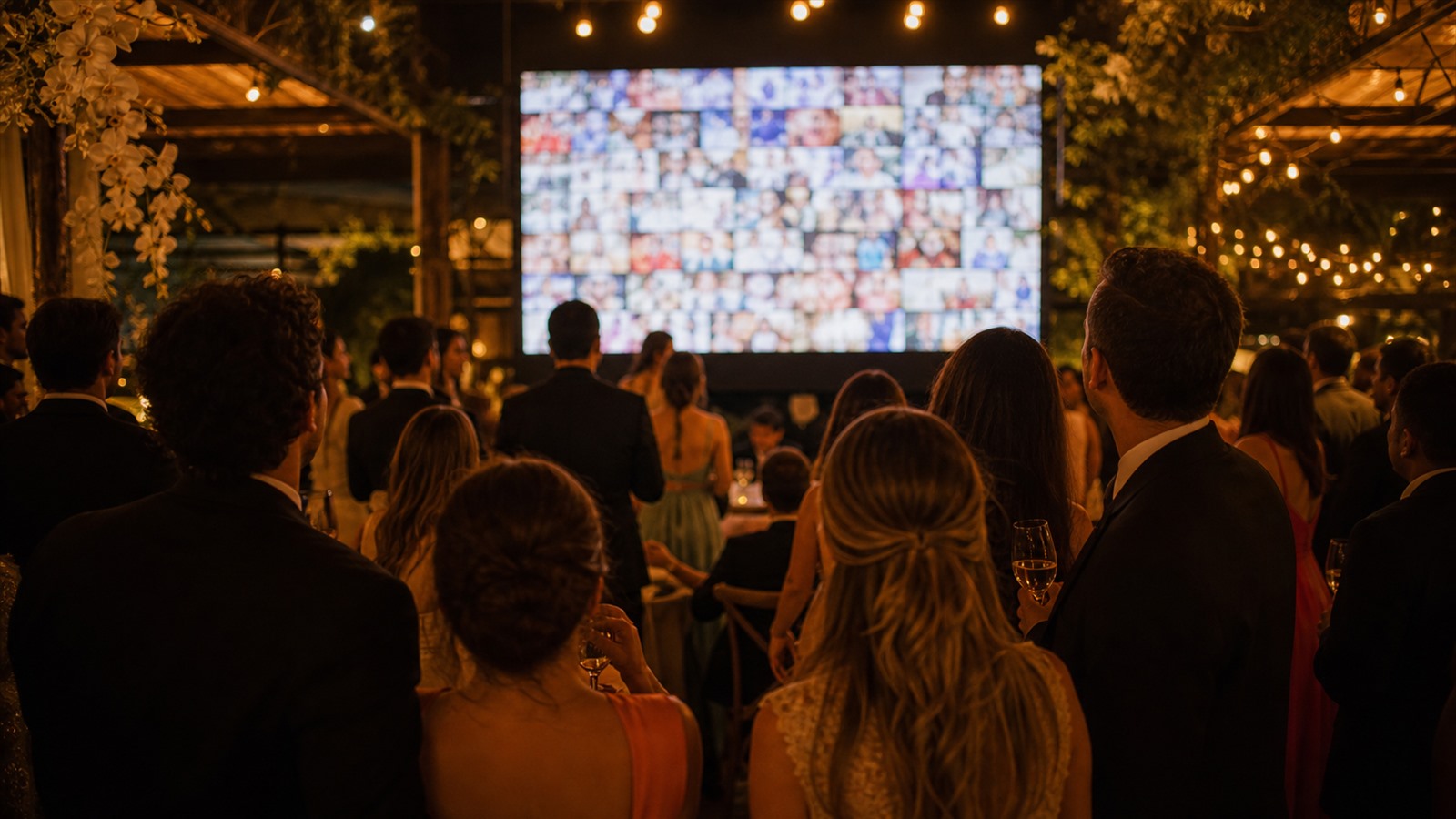 Salão de casamento à noite com um telão mostrando fotos dos convidados