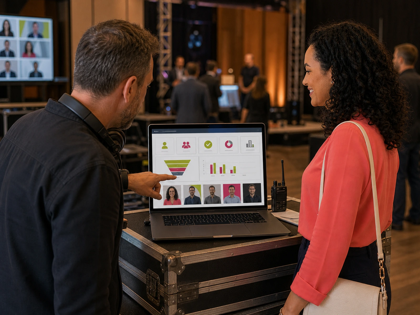 Notebook no backstage mostra o painel de resultados do evento.